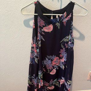 Navy blue sleeveless dress with floral print